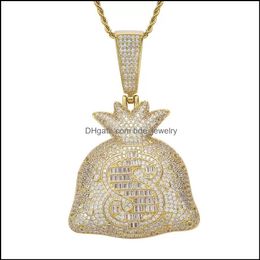 Pendant Necklaces Bling 18K Gold Dollar Sign Money Bag Necklace Jewelry Set Cubic Zirconia Diamond Hip Hop Necklaces Wallet Pendant Dh9Kl