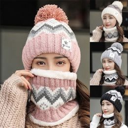 Hats Scarves Sets Winter Warm Beanies Ring Scarf 2 Piece Woman Pompoms Knitted Caps s Fashion Set 221105