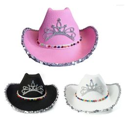 Berets Vintage Fedora Hat Women Men Felt Ladies Cowboy Hats Party Rhinestone Crown Western Style Top Bonnet Men's Cosplay