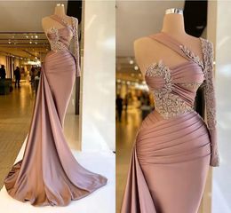 Pale pink stain Prom Dresses Single Long Sleeve Appliques Mermaid Long Train Women Evening Pageant Gowns Plus Size