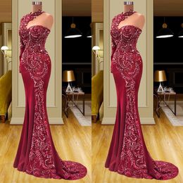 Dark Red Prom Dresses One Long Sleeve Halter Appliques Sequins Beaded Evening Dresses Lace Floor Length Evening Dresses Gowns Plus Size Custom Made