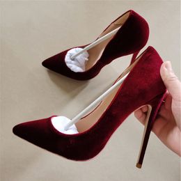 Classic Women Flock Pointy Toe High Heels Shoes Design Red Bottom Elegant Ladies Slip On Stiletto Pumps Solid Plain Burgundy Green Korean Velvet Thin Heel Dress Shoe