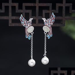 Stud Stud 925 Sier Personality Bird Earrings Girls Retro National Style Nephrite Shell Pearl Lovely Animal Jewellery Drop Delivery Dhew5