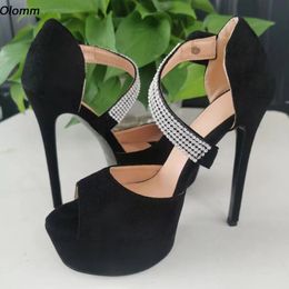 Olomm Handmade Women Platform Sandals Faux Suede Rhinestone Stiletto Heels Round Toe Elegant Black Party Shoes Size 35 47 52