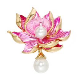 Vintage Pearl Big Enamel Lotus Flower Brooches High End Fine Designs Decorative Pins for Clothes Women Accessories