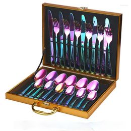 Bakeware Tools Stainless Steel Knife Fork And Spoon 24-piece Set Gift Golden Wooden Box Titanium Plated Gold El Western-style Tableware