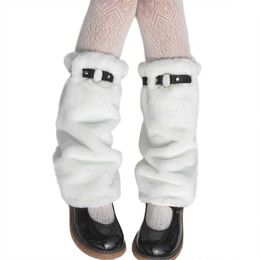 Socks Hosiery Women Girls Winter Plush Leg Warmers with Faux Leather Buckle Belt Japanese Lolita dent Kawaii Knee High Socks Faux Fur Foot T221107