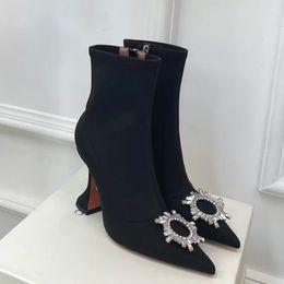 Fashion Ankle Booties Designer Black Pointed Toe Boots Women Horseshoe Heel Boots Bootss Radiant Crystal buckle Satin Glitter Winter Wedding Party shoes