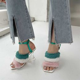 Sandals Crystal Triangle High Heels Mixed Colors Faux Fur Sandals Fashion Party Stilettos Summer Shoes Women Peep Toe Pumps L221107