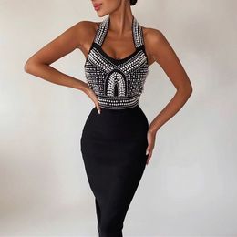 beadings women lady bandage dresses halter sexy fashion formal party runway prom dress JS5922