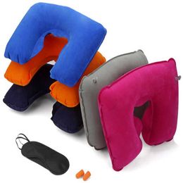 Inflatable PVC Neck Pillow Eye Mask Earplugs Sleep Suit Travel Three Set Convenient U-shaped Flocking Comfortable Relax Soft Almohada Inflable Para El Cuello De PVC