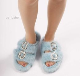 Slippers Genuine leather Korean Mink Fur Grass Slippers for Women in Autumn and Winter New Double breasted Rhinestone Flash Flat Wool Shoes L221107