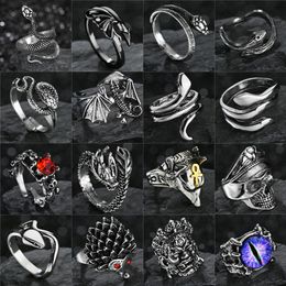 Band Rings Retro Punk Gothic Snake Ring For Men Women Dragon/Skl/Wolf/Arrow/Pirate/Evil Eye Antique Adjustable Anillo Hombre Bijoux Smtmk