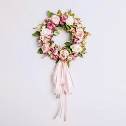 Decorative Flowers 40cm Artificial Wreaths Pink Rose Round Simulation Garland For Wall Door Window Hanging Decoration