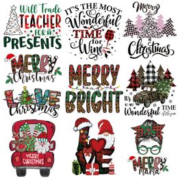 Notions Big Christmas Heat Transfer Stickers Iron on Cute Cartoon Xmas Letters Patches Decals Appliques for T shirt Pillow DIY Decorations