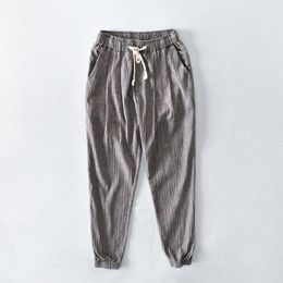 Men's Pants Japan Style Elastic Waist Casual Linen Classic Ankle-length Work Loose Drawstring Plus Size Striped Trousers