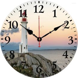 Wall Clocks Clock Wood Lighthouse Decorative 14 Inch Beach Theme Decor For Kitchen Bathroom Office Rustic Battery Operated