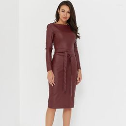 Casual Dresses Sexy Pu Leather Bodycon Dress For Women Elegant Long Sleeve Sashes Sheath Slim Party 2022 Fashion Autumn Winter