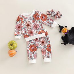 Clothing Sets Born Baby Girls Halloween Clothes Pumpkin Flower Print Crew Neck Sweatshirts Long Pants Headband Cotton Casual Outfits