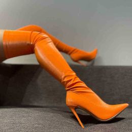 Botlar arden furtado bahar sonbahar kadınlar sivri uçlu stilettos yüksek topuklu 12cm moda seksi yeşil turuncu streç büyük boyut 43 45 220906
