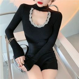 Women's T Shirts 2022 Sexy For Women Fashion Turtleneck Hollow Out Tops Design Rhinestone Slim Base Long Sleeve Elegant Lady