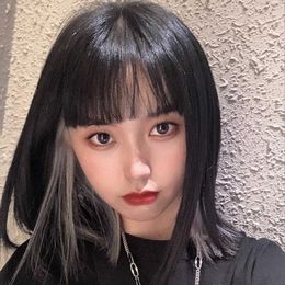 Hair Lace Wigs Wig Female Short Straight Hair Korean Air Bangs Net Red Hanging Ears Dyed Black Grey Gradually Changed Colour Shoulder