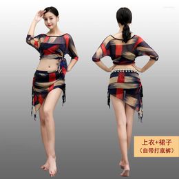 Stage Wear Mesh Belly Dance Training Clothing Girl's Scholar Oriental Dancer Large Short Skirt Performance Costumes Two Piece Set