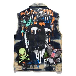 Vintage Locomotive Metal Rock Vest Punk Style Men's Printing and Dyeing Denim Cardigan Summer Embroidered Motorcycle Waistcoat