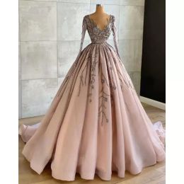 Luxury Elegant Prom Dresses Long Sleeves V Neck Appliques Pleated Ball Gown Floor Length Women Evening Party Custom Made Dress