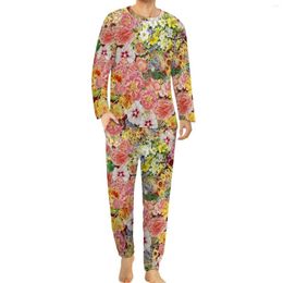 Men's Sleepwear Sevilla Floral Pajamas Botanical Flowers Print Men Long-Sleeve Elegant Set 2 Pieces Aesthetic Home Suit Birthday Present