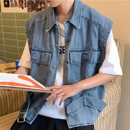 Men's Vests Men Cargo Vest Buttons Denim Waistcoat Relaxed Fit Lapel