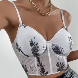 Women's Tanks Summer Women Casual V-neck Camisole Ladies Sexy Fashion Mesh Yarn Printing Backless Exposed Navel Suspender Tops