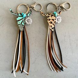 Keychains Genuine Leather Cow Head Totem Sunflower Tassel Keychain For Men Women Fashion Boho Key Rings Bag Pendant