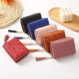 Fashion Tassels Wallet for Women Cute Fold Girl's Heart Embroidery Simple Coin Purse Solid Color Buckle Card Holder