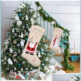 Christmas Decorations Burlap Embroidery Christmas Socks 46X18Cm Kids Gift Candy Bag Santa Snowman Design Xmas Decorative Stocking Dr Dhd4A