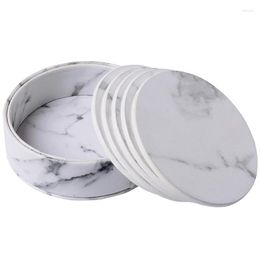 Table Mats Promotion--6 Pcs Coasters Marble Pu Leather Round Heat Insulation Placemat Drink Cup For Home Kitchen