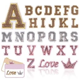 Notions 5.1cm Letter Sequin Iron on Patch A to Z Alphabet Patches Appliques Golden Crown Design Patch with Glitter Hotfix Sticker for Clothes Hat Shoes