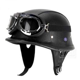 Cycling Helmets New Leather Motorcycle Helmet German Motorcycle Open Face Half Helmet Chopper Biker Pilot DOT BLACK T221107