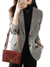 Women's Suits High-quality Elegant Plaid Outfit Blazer With Pocket For Work Wear Women Long Coat Clothes Fashion Outwear Jacket