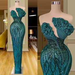 Green Sequins Mermaid Evening Dresses Sexy Ruffles Strapless Neck Prom Dress Pageant Gown Custom Made Party Robes