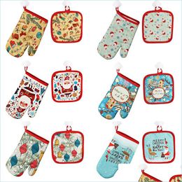 Oven Mitts Christmas Oven Cotton Gloves Xmas Baking Anti 26Cmx16Cm Microwave Insation 17Cm Mat Set Drop Delivery Home Garden Kitchen Dhxbr