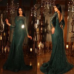 Elegant Dark Green Mermaid Prom Dresses Sequined Tassels Lace Party Dresses Backless Custom Made Evening Dress