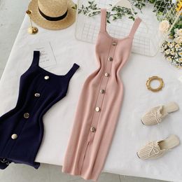 Casual Dresses Summer Pink/Red/White/Black Women Knitted Dress Vintage High Waist Button Single-breasted Slim For Female