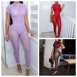 Women's Two Piece Pants Women Sexy Two-piece Clothes Set Solid Colour Short Sleeve Bodysuit And See-through Purple/ Red/ Black