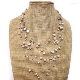 Pendant Necklaces 18-24 Inches White&Gray Illusion 4-8mm Nugget Freshwater Pearl Multi-layered Necklace