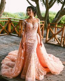 2023 Sexy Arabic Evening Dresses Wear Pink Jewel Neck Illusion Lace Appliques Crystal Beads 3D Floral Long Sleeves Mermaid Sheer Back Overskirts Prom Gowns