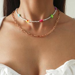 Choker Vintage Colourful Beads Daisy Flower Thick Chain Necklace Women Double Layers Geometric Clavicle Collar Jewellery