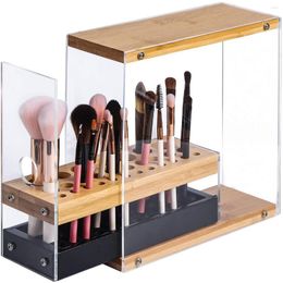 Storage Boxes Acrylic Bamboo Makeup Brush Holder Organiser With Leather Drawer 29 Holes Beauty Cosmetic Display Stand