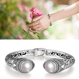 Bangle Authentic 925 Sterling Silver Cuff Bracelets&Bangles Natural Pearl Vintage Hollow Flower Carving Bracelets Birthday Gifts