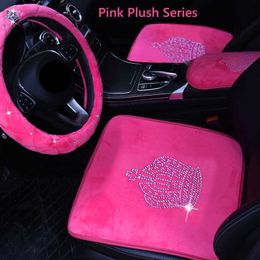 Steering Wheel Covers Hot Pink Bling Car Accessories Interior Set for Women Girls Glitter Plush Warm Automotive Seat Covers Cushion Crystal Crown Deco T221108